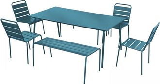 Oviala Conjunto de jard&iacute;n con 2 bancos y 4 sillas de acero azul pac&iacute;fico