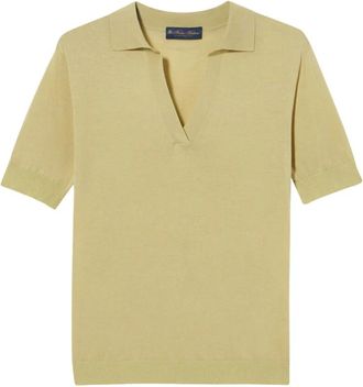 Brooks Brothers Zijdeblend gebreide polo met Johnny-kraag - Dames - V-hals truien - Groen - XS - Katoen - Truien & Vesten