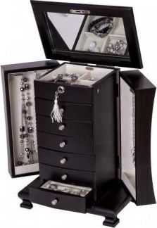 Allurez Java Finish Upright Wooden Jewelry Box. Drawers, Mirror, Locking Top