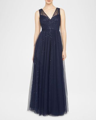 Theia Kiana Beaded V-Neck A-Line Gown