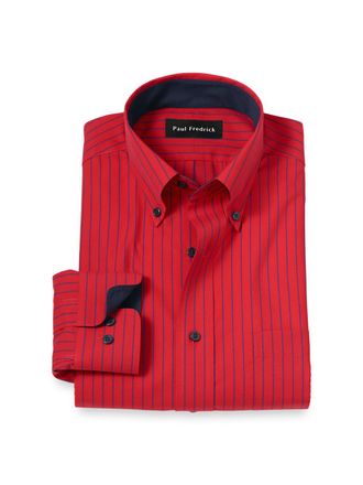 Paul Fredrick Non-iron Cotton Stripe Dress Shirt With Contrast Trim