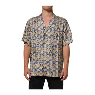 Dolce & Gabbana Short Sleeve Shirts, male, Multicolor, 3XL, Scallop Shell Print Silk Shirt