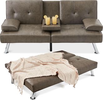 Best Choice Products Modern Faux Leather Convertible Futon Sofa w/ Removable Armrests, 2 Cupholders