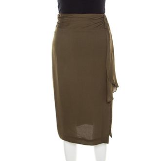 Escada Moss Green Silk Gathered Waistband Pencil Skirt
