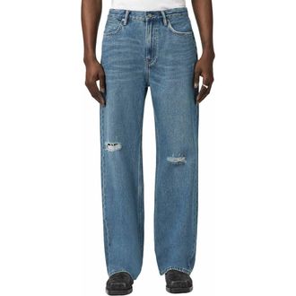 AllSaints Lenny Loose Fit Ripped Straight Leg Jeans in Destroy Mid Indigo at Nordstrom, Size 32 X 32
