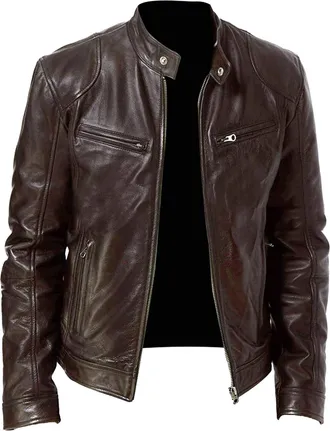 Generic Mens Leather Biker Jacket - Vintage Leather Jacket Men Motorcycle - Stand Collar Distressed Leather Bomber Jacket Men(Brown,5X-Large)