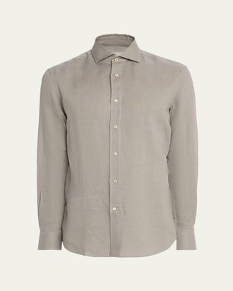Brunello Cucinelli Mens Linen and Cotton Band Collar Button-Down Shirt
