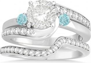 Allurez Aquamarine & Diamond Swirl Engagement Ring & Band Bridal Set 14k White Gold 0.58ct