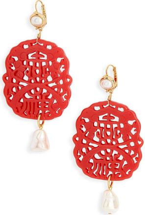 Kenneth Jay Lane Carved Stone Faux Pearl Drop Earrings in Red at Nordstrom Rack