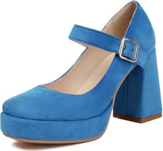 Generic Elegant Retro Mary Jane High Heels for Women Chunky Block Heel Square Toe Dressy Footwear Perfect for Parties and Formal Events (Blue, 6.5)