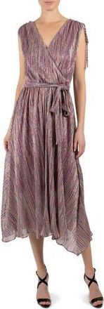 Julia Jordan Metallic Stripe Faux Wrap Midi Dress in Pink Multi at Nordstrom Rack, Size 14