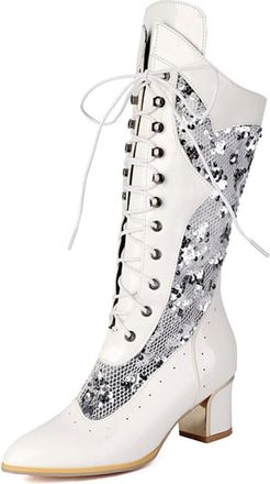 Generic Womens Mid Calf Boots for Spring and Summer 2025 Sequined Cool Boots European American Style Large Size Thick Heel(White, 6.5)