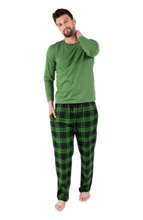 Leveret Mens Cotton Top & Flannel Pants Printed Holiday Pajama Set in Plaid Black & Green at Nordstrom, Size Xxx-Large