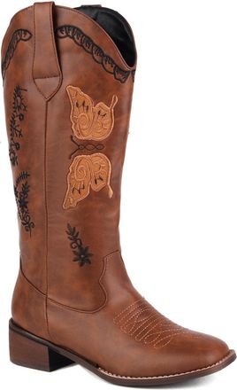 Generic Womens Square Toe PU Leather Long Boots Pull on Western Cowboy Boot with Embroidery Stitched Block Heel Mid-Calf Boots,Brown,5.5 UK