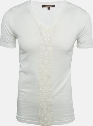 Roberto Cavalli White Embroidered Jersey V-Neck T-Shirt