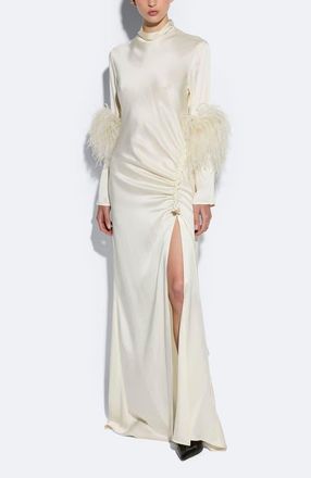 Sally Lapointe Doubleface Satin Bias Tab Slit Gown Ostrich in Cream at Nordstrom, Size 12