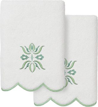 Linum Home Textiles 100% Turkish Cotton Flower Crest Scallop 2Pc Embellished Hand Towel Set