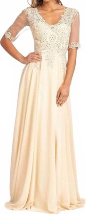 Elizabeth K Sheer Quarter Sleeve Lace Applique Evening Dress In Champagne