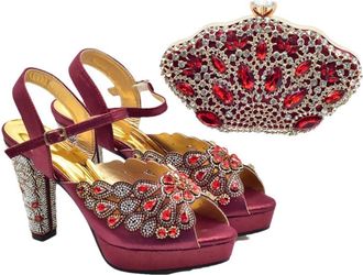 Generic Womens Peep Toe Thin Heels Shoes Matching Flower Evening Handbag Set Sparkly Rhinestone Big Crystal Decoration