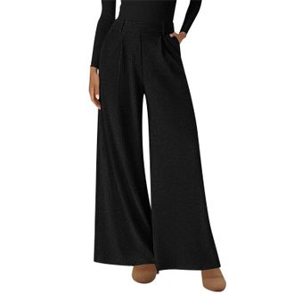 Generic Womens High Waisted Corduroy Wide Leg Pants Elastic Waistband Soft Ribbed Texture Trousers Casual Wear Stretch Lounge Pants with Roomy Fit for Daily U