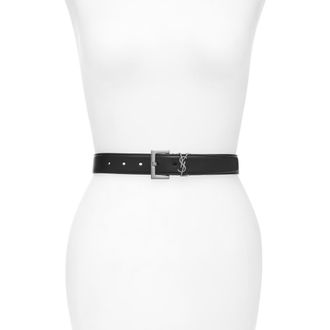 Saint Laurent Laque YSL Monogram Leather Belt in Nero at Nordstrom, Size 100