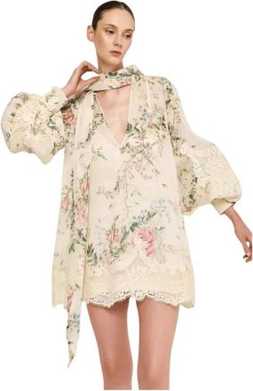 Windsor Bloemen Kant Jurk met Miss N&ocirc;ir - Dames - Korte kleedjes - Beige - XL - Kleedjes