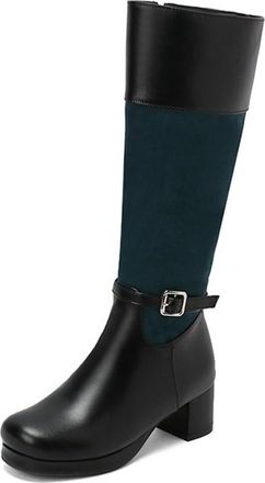 Generic Womens Round Toe Colorblock Knee High Riding Boots with Side Zipper and Buckle Comfort Block Heel Winter Shoes (Green,7.5)