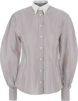 Brunello Cucinelli Mg 711M1Q16C003 Gestreept Shirt - Dames - Overhemden - Bruin - S - Overhemden