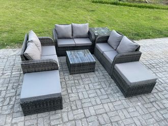Fimous 8 Seater Outdoor Garden Furniture Sets Wicker Rattan Furniture Sofa Sets with Square Coffee Table Love seat Sofa 2 Big Footstool Side Table