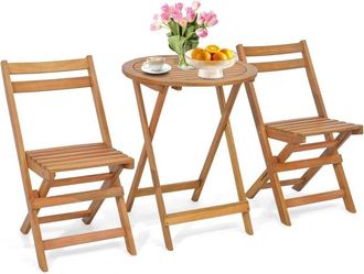 Costway Costway Conjunto Mesa Y Sillas Jardin, 2 Sillas Plegables De Madera De Acacia Y 1 Mesa Redonda, Mesa Y Sillas Terraza Patio Balcon Jardin Exterior Int