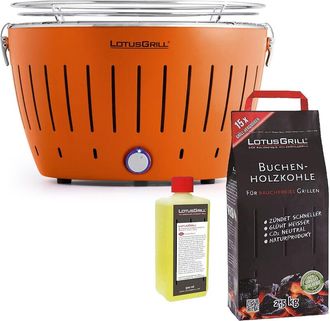 Lotus Grill Barbecue Arancione con Batterie e Cavo di Alimentazione USB + 2.5Kg di Carbonella di Faggio + Gel Combustibile 500ml -Lotus Grill