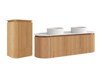 Vente-Unique Mueble de ba&ntilde;o suspendido estriado de madera de fresno con lavabo sobre encimera redondo estriado y columna - Natural claro - 150 cm - LILIKO