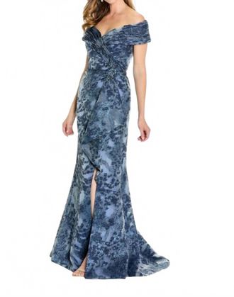 Montage by Mon Cheri Front Slit Off The Shoulder Dress In Navy