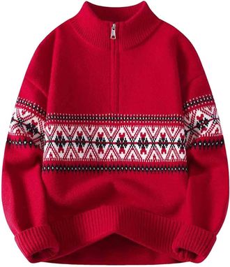 Generic Christmas Jumper Men Smart Casual Knitted Xmas Jumpers Long Sleeve Quarter Zip Festive Sweaters Classic Fit Fairisle Sweater 1/4 Zip Warm Knitwear Men