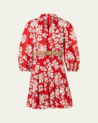 Akris Papercut Flower-Print Crepe Balloon-Sleeve Belted Dress