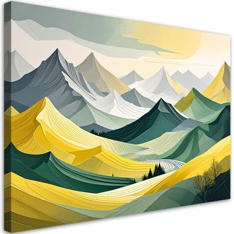 Feeby Cuadro En Lienzo, Paisaje Pastel De Monta&ntilde;as Verdes Y Amarillas, 100x70