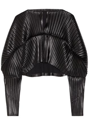 Issey Miyake Pleated Coated Satin Cropped Cardigan - Black - 2