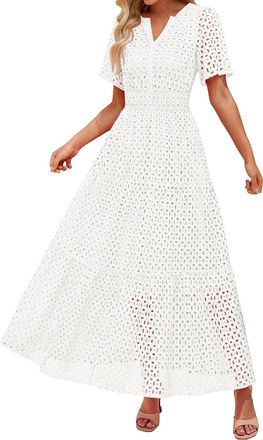 Generic Womens 2025 Summer Short Sleeve Maxi Dress Casual V Neck Hollow Out Eyelet Ruffle Swing A Line Long Dresses Casual Summer Dresses for Women Long (Whit