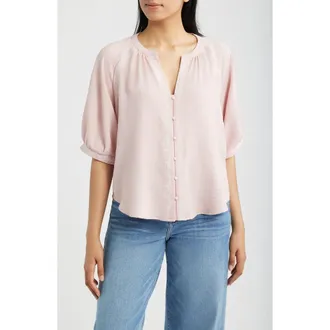 Bobeau Embroidered Button-Up Top in Dusty Pink/white at Nordstrom, Size X-Large
