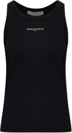 Maison Kitsun&eacute; Ribgebreide Top met Gedrukt Logo - Dames - Tops zonder mouwen - Zwart - L - Katoen - Tops