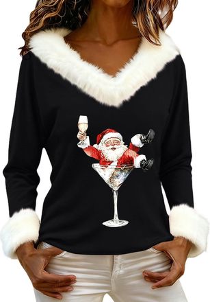 Generic Women Christmas Shirt 2025 Soft Plush Trim V Neck Novelty Xmas Print Tops Lady Long Sleeve Fashion Pullover Shirt (Z02-Black, M)