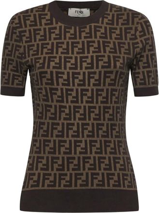 Fendi Round-neck Knitwear, female, Brown, XS, FF Cotton Jumper
