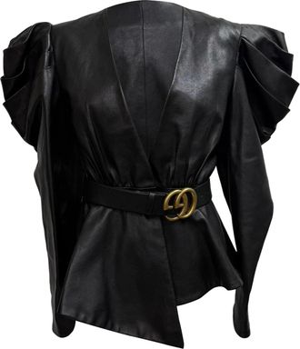 Gucci Gucci V-hals jasje met riem en pofmouwen in zwart leer