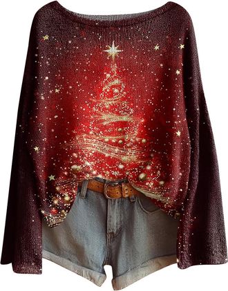 Generic Funny Christmas Jumper for Women, Long Sleeve Loose Fit Boat Neck Sweater Pullover, Festive Knitted Jumper with Multiple Designs for Holiday & Casual 