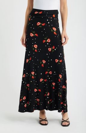 Loveappella Roll Top Floral Print Maxi Skirt in Black/Red at Nordstrom, Size X-Large