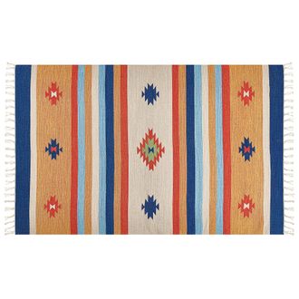Beliani Beliani - Alfombra Kilim De Algod&oacute;n Rojo Azul Amarillo 140 X 200 Cm A Mano Geom&eacute;trico Borlas Taronik