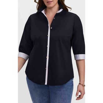 Foxcroft Charlie Contrast Trim Cotton Blend Button-Up Shirt in Black at Nordstrom, Size 14W