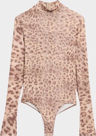 Sally Lapointe Printed Mesh Jersey Mock Neck Bodysuit