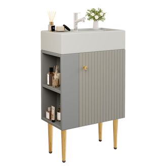 STILVORA Mueble Bajo Lavabo Con 1 Puerta Y Estantes Laterales De Suelo, En Mdf, Gris Y Blanco, Para Bano
