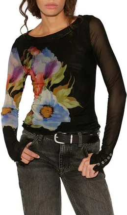 Free People Lilly Print Long Sleeve Mesh Top in Black Combo at Nordstrom, Size X-Small